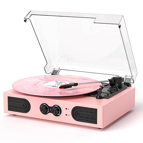 Vinyl Record Player with Built-in Speakers 3-Speed Vintage Record Player Support Treble& Bass Control, 3.5mm Headphone Jack, RCA-Out/Aux in, Belt-Driven LP Turntable,Pink - Pink