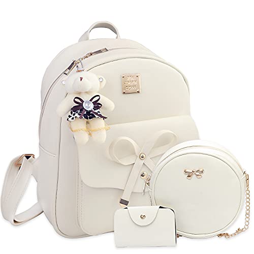 K.E.J. Cute Mini Backpack Bowknot Leather Backpack 3-PCS Small Backpack Purse for Women - Beige