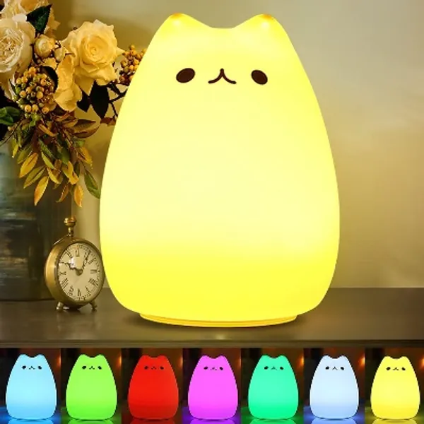 CHWARES Bewegliche LED Kinder-Nachtlicht für Kinder Multicolor-Silikon-Katze-Lampe, warmes Weiß und 7-Color Breathing Dual-Licht-Modi, empfindlich Tap-Steuerung, USB aufladbare Beleuchtung