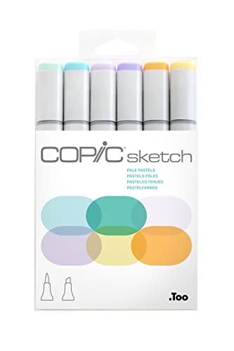 COPIC Sketch Marker Set "Pale Pastels" mit 6 Farben, professionelle alkoholbasierte Pinselmarker mit einer flexiblen und einer mittelbreiten Spitze