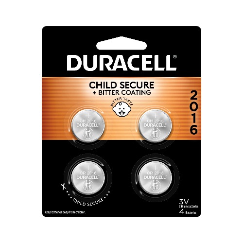Duracell CR2016 3V Lithium Battery, Child Safety Features, 4 Count Pack, Lithium Coin Battery for Key Fob, Car Remote, Glucose Monitor, CR Lithium 3 Volt Cell - 4 Count (Pack of 1) 4 Count