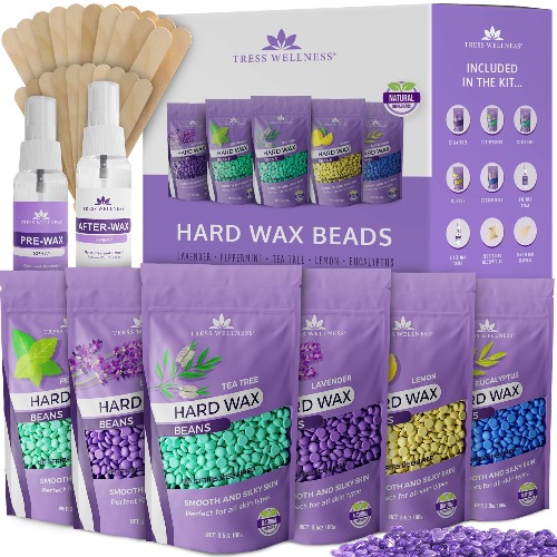 Tress Wellness Hard Wax Beans Wax Beads 21oz - Painless Coarse Hair Removal - For Bikini Brazilian Underarms Back and Chest - Variety 38 Piece Set