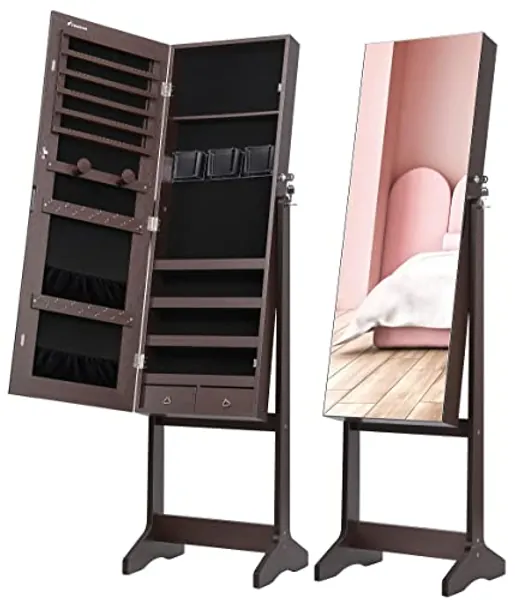 Nicetree Jewelry Cabinet with Full-Length Mirror, Standing Lockable Jewelry Armoire Organizer, 3 Angel Adjustable (Brown)