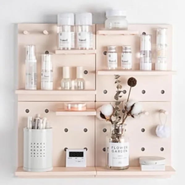 HGYZE Peg Boards for Walls with Shelf & Hooks, No Punching Craft Room Storage for Bedroom Garage Living Room Office, Pegboard Ledges Organizer, 4 Pack Decorative Wall Panel Kits - 22cm Square (Beige)