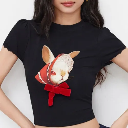 Rabbit Graphic Lace Short Sleeve Tee