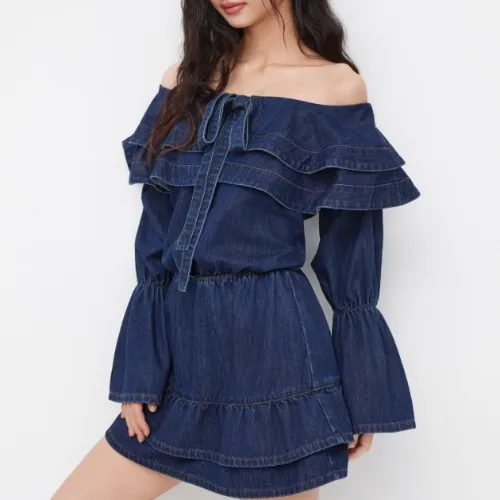 Denim Bowknot Ruffle Layered Mini Dress