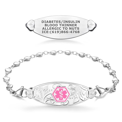Divoti Custom Engraved Filigree Medical Alert ID Bracelets for Women, w/Heart Link – Color/Size - 6.5 Inches - Pink