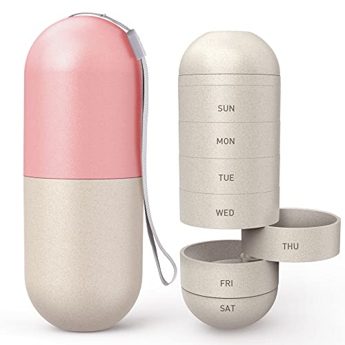 Zannaki Upgrade Large Compartment Grain Fiber Moisture Proof Cute Weekly Pill Organizer, Laser Carving Markings, BPA Free Travel Hiking 7 Day Pill Box Case to Hold Pills,Vitamins,Fish Oil,Supplements - Pink