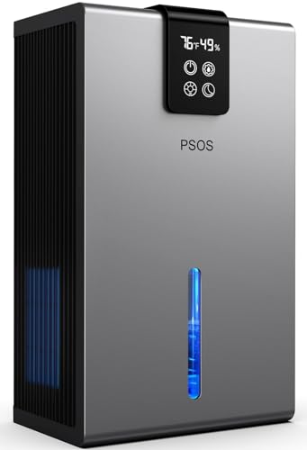 PSOS Dehumidifier, 99oz Dehumidifiers for Basement (950 sq.ft), Quiet Dehumidifiers for Bedroom with Auto Shut Off,Portable Dehumidifier for Home with 2 Working Modes, 7 Colors LED Light. - Gray