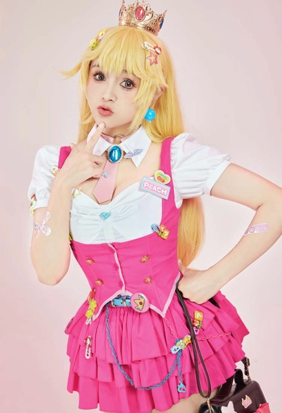Peach Derivative Uniform Style Outfit Short Sleeved Shirt and Vest with Skirt Belt Set Cosplay Costume