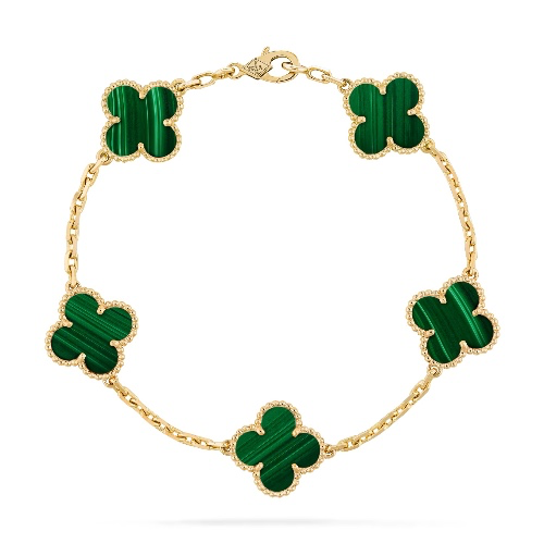 Bracelet Vintage Alhambra 5 motifs Or jaune 750/1000, Malachite - Van Cleef & Arpels