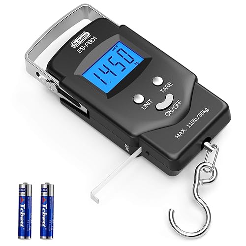 Dr.meter Fish Scale - PS01 110lb/50kg Backlit LCD Display Digital Scale with Built-in Measuring Tape - Fishing Scale with 2 AAA Batteries, Pocket Size - Fishing Gifts for Men - Black