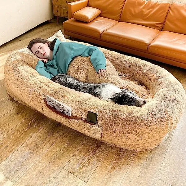 YAEM Human Dog Bed, 71"x45"x14" Beds for Humans Size Fits You and Pets, Washable Faux Fur Bed People Doze Off, Napping Orthopedic Present Plump Pillow, Blanket, Strap-Khaki