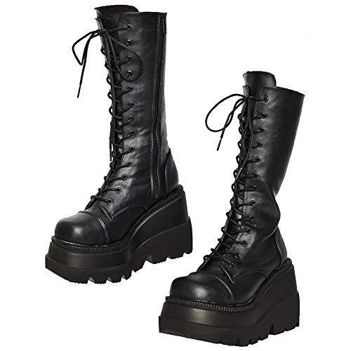 CELNEPHO Womens High Platform Mid Calf Wedges Chunky High Heel Round-Toe Side Zip Punk Combat Boots For Women - 9.5 - F-2black