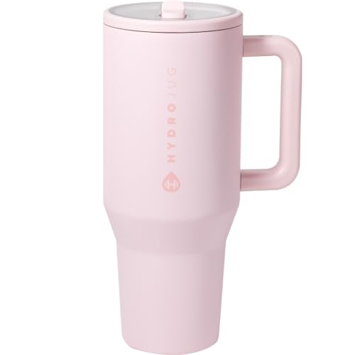 HydroJug Traveler - Modern 40 oz Tumbler with Handle & Simple Flip Straw - Car Cup Holder Friendly, Leak Resistant Water Bottle-Reusable Insulated Stainless Steel & Rubber Base - Gifts for Women & Men - 40oz - Pink Sand