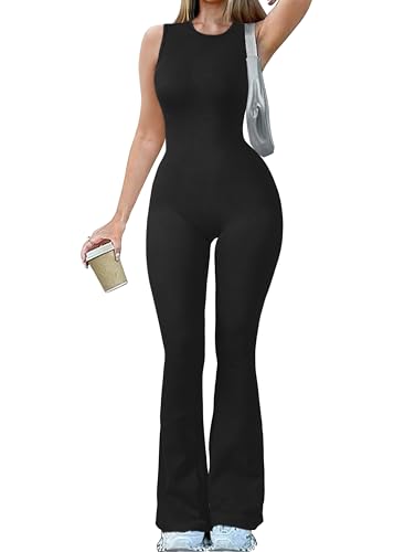 OQQ Women Yoga Jumpsuits Ribbed Crew Neck Sleeveless Bell Bottoms Flare Jumpsuits - Large - Black