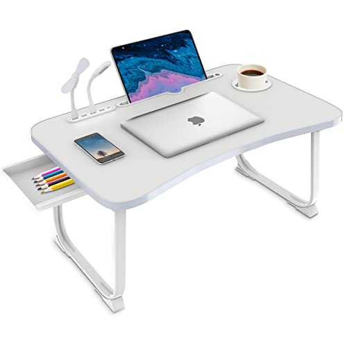 Fayquaze Laptop Bed Desk, Portable Foldable Laptop Bed Table with USB Charge Port Storage Drawer and Cup Holder,Lap Desk Laptop Stand Tray Table Serving Tray for Eating, Reading and Working - White