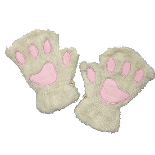 Himine Cat Claw Bear Paw Fingerless Winter Plush Gloves 1*Pair - White