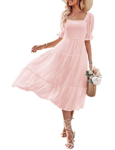 MEROKEETY Women's Summer Square Neck Puff Sleeve Boho Midi Dress Swiss Dot Ruffle Flowy Tie Back Dress - Pink - Medium