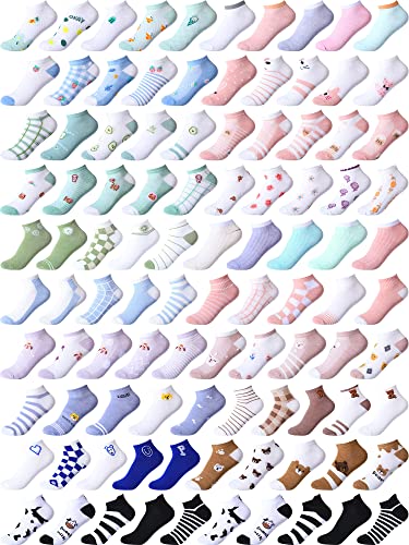 Mumufy 100 Pairs Women Low Ankle Socks Low Cut No Show Socks Fruits Animals Funny Dog Cat Cow Cute Socks for Girls Ladies Gifts