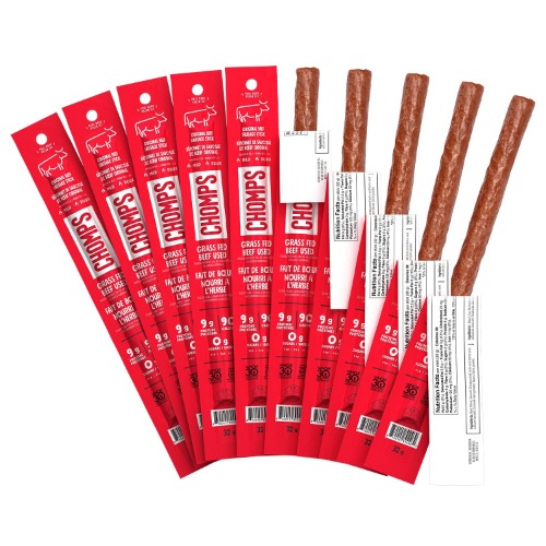 CHOMPS Grass Fed Beef Jerky Meat Snack Sticks, Made in the USA, Keto, Whole30 Approved, Paleo, Low Carb, High Protein, Gluten Free, Sugar Free, Non-GMO, Nitrate Free, 90 Calories 1.15 Oz, Original Beef 10 Pack - 