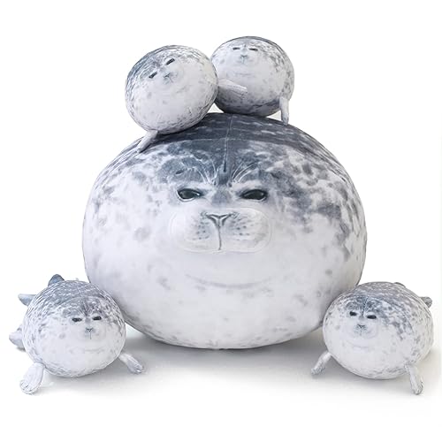 SQEQE Chubby Seal Pillow Plush with 4 Baby Seal Plushies in Her Tummy, Stuffed Cotton Plush Animal Toy Gift for Kids - Seal