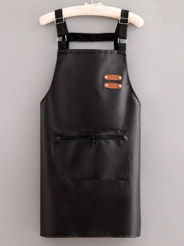 1pc Leather-Like Waterproof & Oilproof Zipper Pocket Apron With H-Shaped Shoulder Straps, Suitable For Kitchen & Home, Fashionable Workwear,Kitchen,Bathroom,Home,Household Suppliers