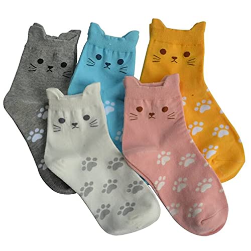 Jeasona 5 Pairs Cotton Socks for Women Size 4-7 Over-ankle Length Animal Themed Cute Patterns - 4-7 - Cat