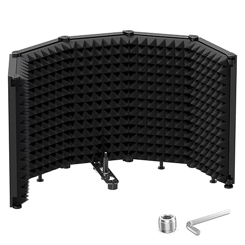 Moukey Microphone Isolation Shield, Foldable Mic Shield with Triple Sound Insulation, Reflection Filter with 3/8" and 5/8" Mic Threaded Mount for Recording Studio, Podcasts, Singing, and Broadcasting - L(29.9''x12.8'')