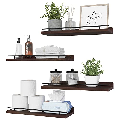 WOPITUES Floating Shelves with Black Metal Rail, 4 Set Shelves for Wall Decor, Rustic Wood Wall Shelves for Bathroom, Bedroom, Living Room, Kitchen, Plants, Books, Picture Frames- Dark Brown - 4 - Dark Brown
