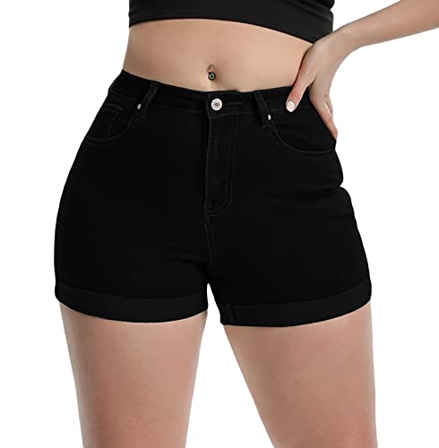 Romastory Women's High Waisted Summer Elastic Jean Shorts Folded Hem Hot Denim Shorts for Women - X-Large - Black