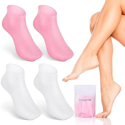 Noverlife Lot de 2 paires de chaussettes hydratantes en silicone antidérapantes à l'aloès pour pieds secs et fissurés et chaussettes en gel pour spa Soins des pieds après pédicure - Rose et blanc
