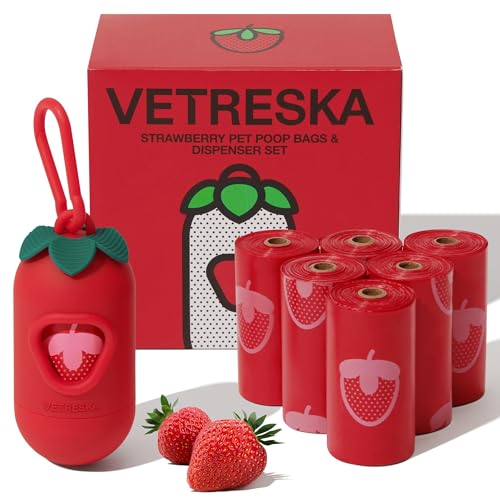 VETRESKA Dog Poop Bag Dispenser with Strawberry Scented Bags, Leak Proof, Extra Thick and Large Pet Waste Bags,1 Count Bag Holder and 105 Bags (7 Refill Rolls) for Walking Dog and Cats Litter, Red - 1 Dispenser + 105 Bags