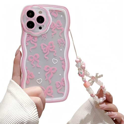 Cute Wave Border Pink Bow Pattern with Love Bow Bracelet, Soft TPU Material, Suitable for Women, Girls, Compatible with iPhone 14 pro max Phone Case - iphone 14 pro max - Pink