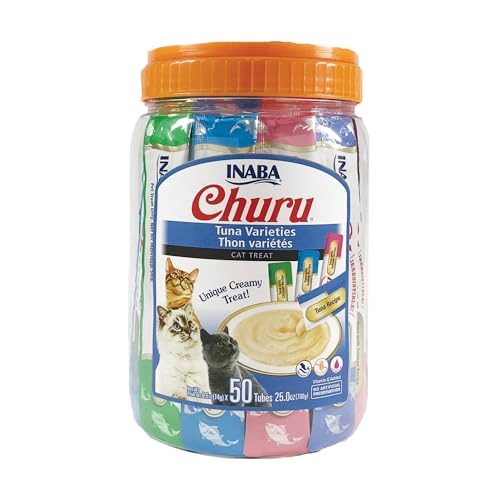 INABA Churu Tuna Lickable Creamy Purée Cat Treats 4 Flavor Variety Pack of 50 Tubes - Tuna - 0.5 Ounce (Pack of 50)