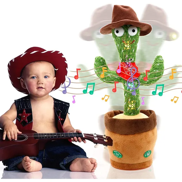 Singing and Dancing Cactus Plush Toy, Luminous Plush Education Toys Home Decorations for Kids Adults, Included 120 English Music (Can Sing, Record, Repeat, Dancing and Glow) (Cowboy Cactus)