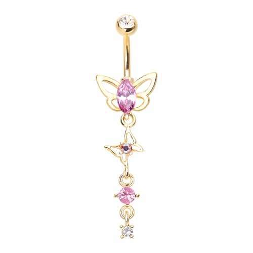 Pink Crystal Butterfly Belly Button Ring