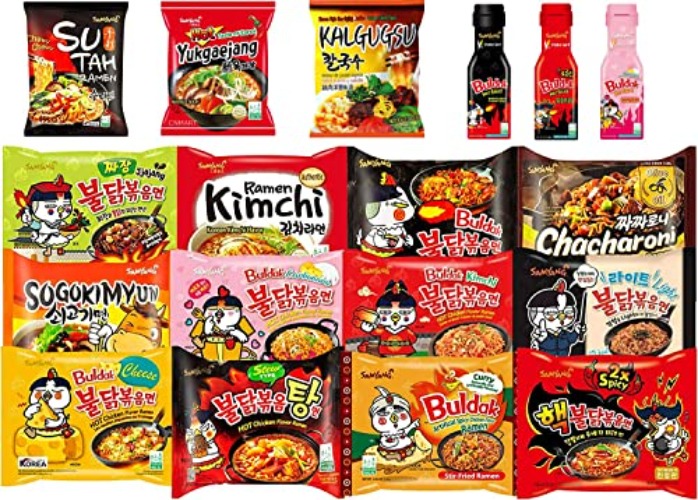 CNMART Samyang Hot Chicken Buldak Ramen HALAL/Pack of 10 Instant Noodles + 1 Free Bottle Samyang Sauce - [Assorted 10 Different Flavours Case]