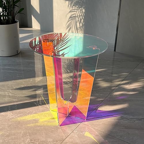 Acrylic Round Clear Iridescent Side Table,Rainbow End Table for Living Room