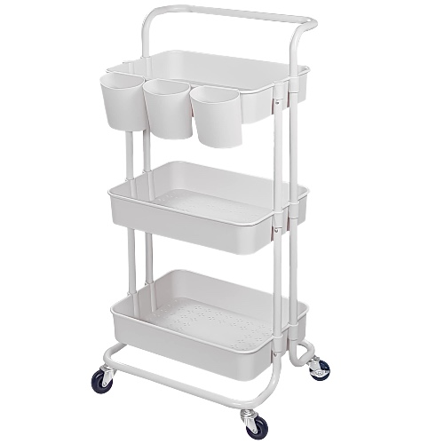 Lontenrea 3-Tier Multifunction Rolling Cart Utility Storage Shelves Cart with Hanging Cup Lockable Wheels and Handle for Office Living Room Kitchen Bathroom (White)