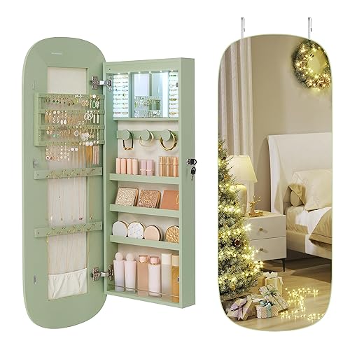 SONGMICS Jewelry Organizer, LED Jewelry Cabinet Wall or Door Mounted, Lockable Rounded Wide Mirror with Storage, Interior Mirror, Christmas Gifts, Laurel Green Surface with Cream White Lining - Laurel Green + Cream White