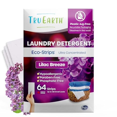 Tru Earth Compact Dry Laundry Detergent Sheets - Up to 128 Loads (64 Sheets) - Paraben-Free - Original Eco-Strip Liquidless Laundry Detergent, Travel Laundry Sheets - Lilac Breeze - Lilac Breeze - 64 count (Pack of 1)