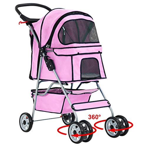 BestPet Pink 4 Wheels Pet Stroller Cat Dog Cage Stroller Travel Folding Carrier 04T - Pink