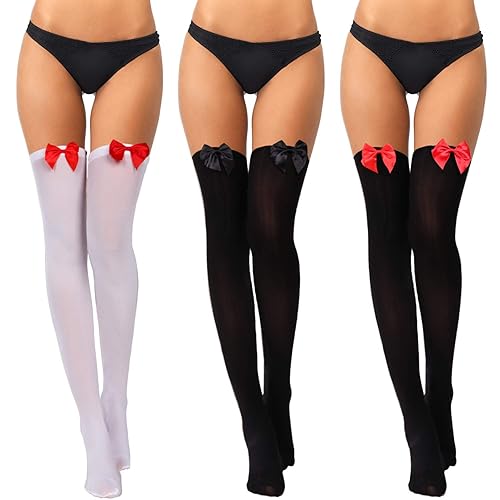 3 Pairs Thigh High Stockings Thigh High Socks with Bow for Women over Knee Lingerie Stockings for Daily Wear Cosplay - Medium - Black With Red Bow, Black With Black Bow, White With Red Bow