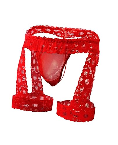 Oludkeph Men's Lingerie Panties Lace Tirm Bulge Pouch G-String Thongs Underwear with Garter - One Size - Red