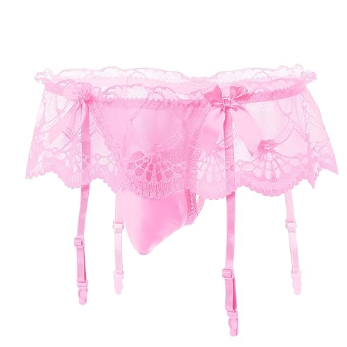 ABAFIP Men's Frilly Skirted Sissy Lace Thongs Panties Low Waist G-string Garter Belt Crossdressing Lingerie Underpants - One Size - Pink