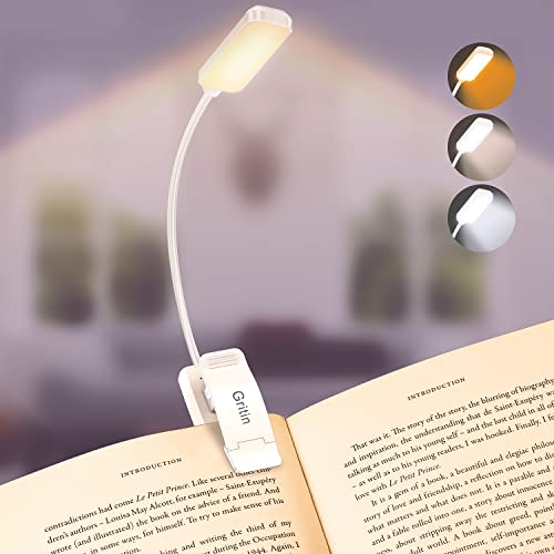 Gritin Luz de Lectura, Lampara Libro de Lectura Recargable de 360° Flexible con 9 LED 3 Modos Lampara Pinza Brillo Ajustable Atenuación Continua para Estudio, Cama, Libro, Viaje - Blanco
