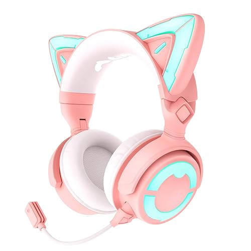 YOWU RGB Cat Ear Headphone 4, Upgraded Wireless & Wired Gaming Headset with Attachable HD Microphone -Active Noise Reduction, Dual-Channel Stereo & Customizable Lighting and Effect via APP (Pink) - 4 - Pink