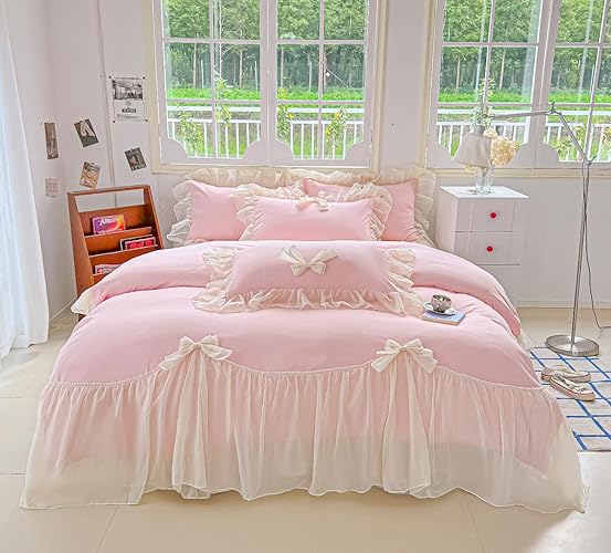 SOUKECHY Chic Lace Bedding,Girls Twin Aesthetic Comforter Cover Set,Romantic French Princess Style Ruffled Duvet Cover with Lovely Bow with Zipper Closure-Pink,Twin Size - Pink - Twin