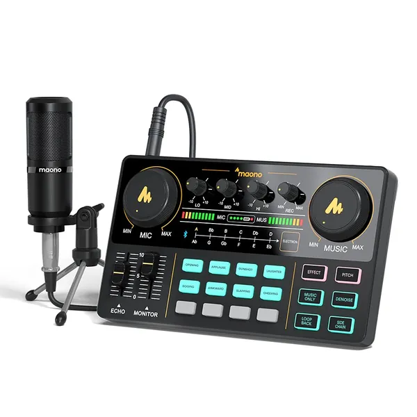 Audio Interface with DJ Mixer and Sound Card, Maonocaster Lite Portable ALL-IN-ONE Podcast Production Studio with 3.5mm Microphone for Guitar, Live Streaming, PC, Recording and Gaming(AU-AM200-S1)